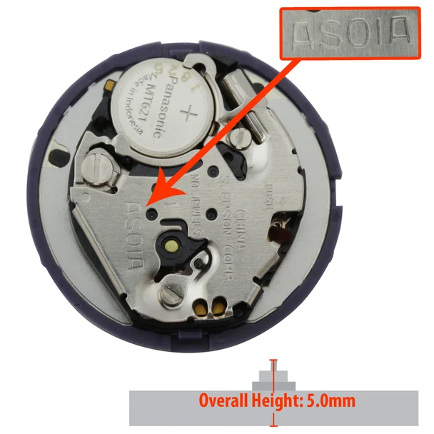 Epson Japan 3 Hand Quartz Solar Watch Movement AS01 Overall Height 5.0mm