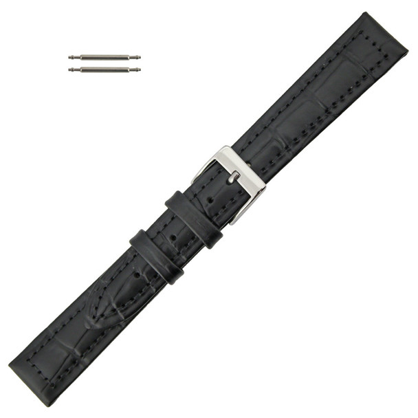 14mm Leather Watch Band Black Stitched Alligator Grain 6 7/8 Inch Length