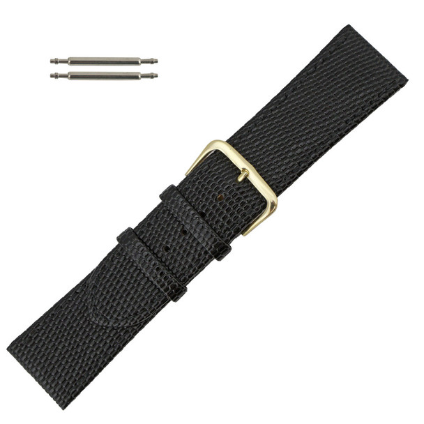 Black Leather Watch Strap 24mm Stitched Lizard Grain 7 1/2 Inch Length