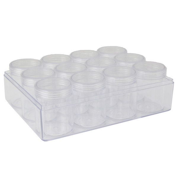 lear Plastic Organizer Box with 12 Round Storage Jars