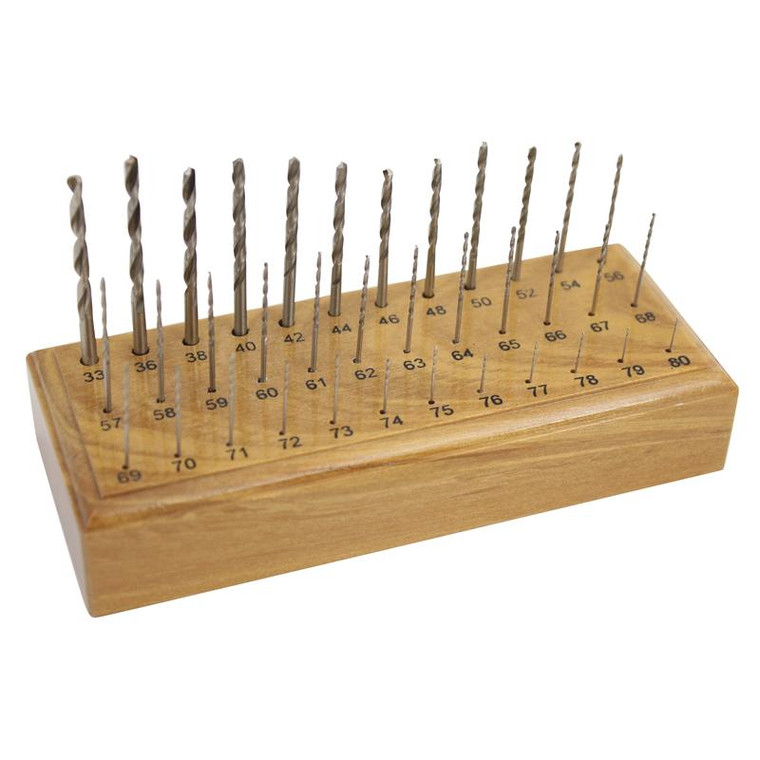 High Speed Twist Drills Set of 36 Sizes 33 to 80 with Wood Holder