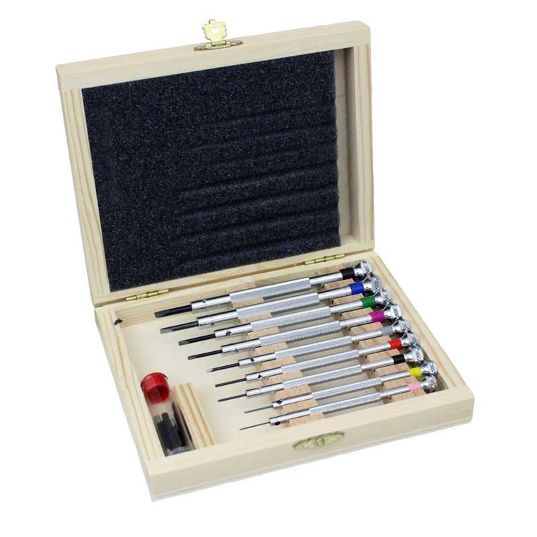 9 Piece Watch and Jewelry Screwdriver Set in Wooden Box