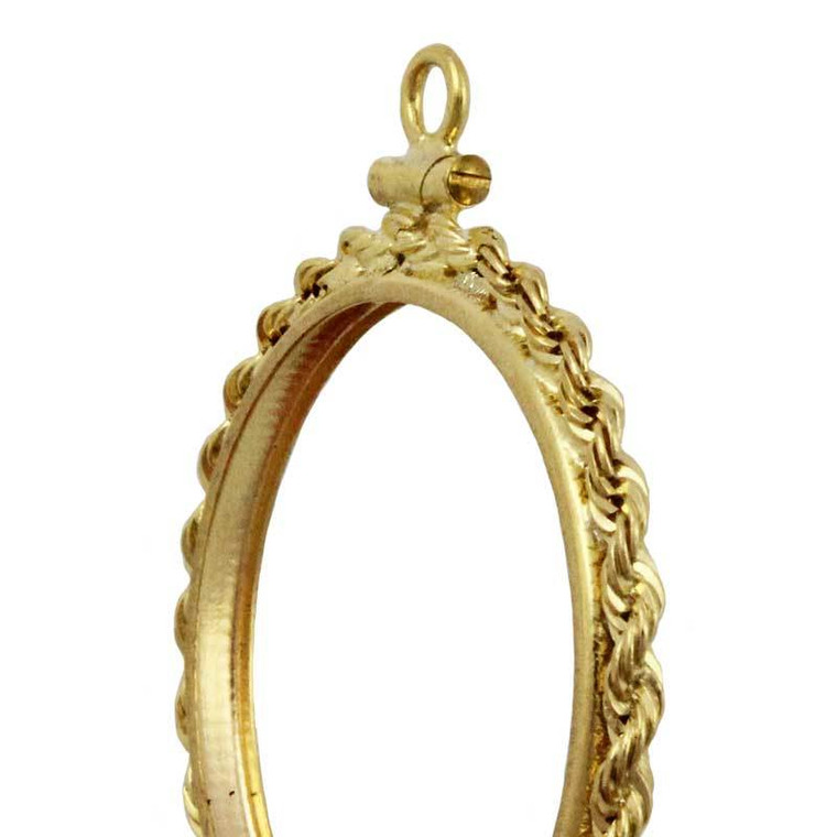 Yellow gold rope-edge coin bezel frame for $10 Eagle quarter