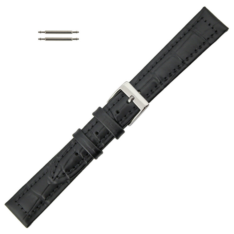 20mm Black Leather Watch Band Alligator Grain  7 1/2 Inch Length