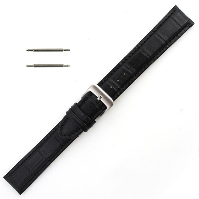 Black Leather Watch Band 22mm Padded Alligator Grain 9 Inch Length