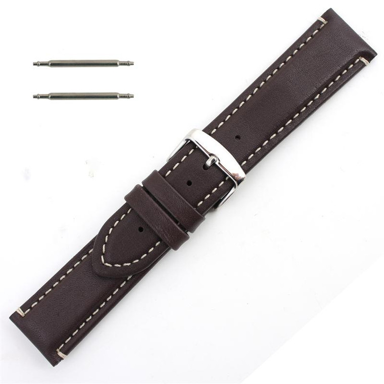 Waterproof Leather Watch Band 20mm Brown With White Stitching 7 7/16 Inch Length