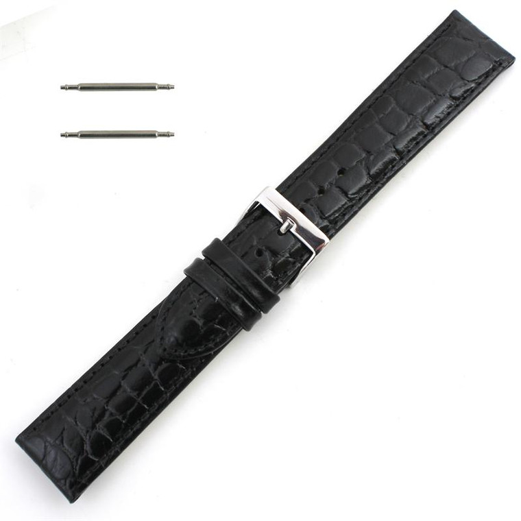 Black Leather Watch Strap 18mm Padded Stitched Croco Grain 7 7/16 Inch Length
