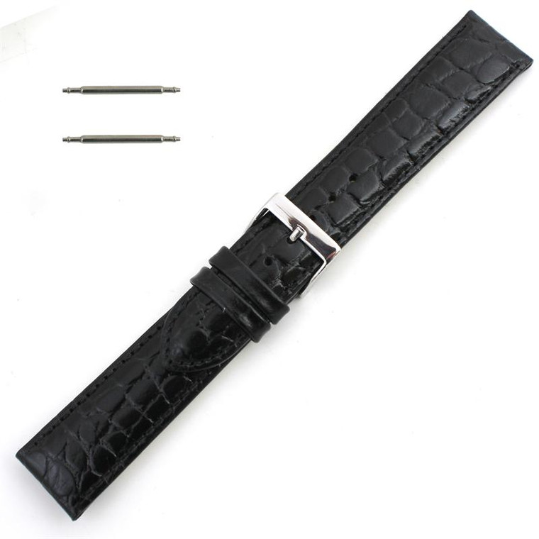 Black Leather Watch Strap 22mm Padded Stitched Croco Grain 7 7/16 Inch Length