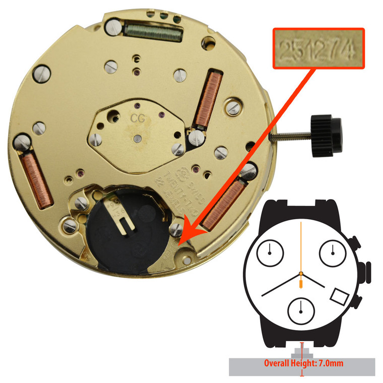 ETA 3 Hand Chrono Quartz Watch Movement 251.274 Date At 4:00 Overall Height 7.0mm