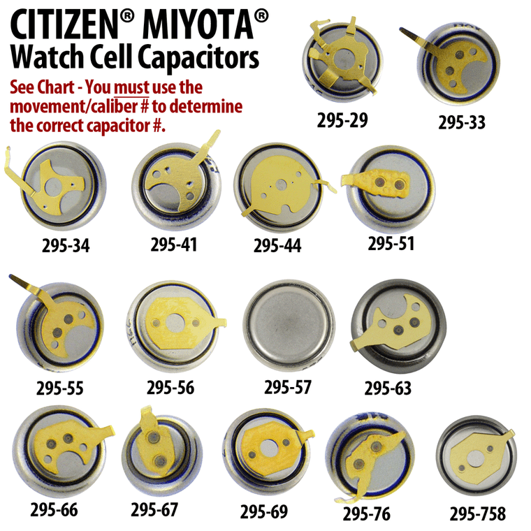 Capacitors for rechargeable watch cells for Citizen Miyota watch movements