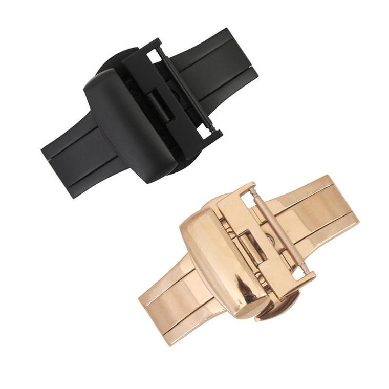 Watch Band Clasp Push Button Deployant Buckle for Leather Bands - Black or Rose Gold Colored