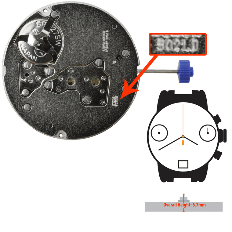 Harley Ronda Chrono Quartz Watch Movement HQ5021.D-6 Date at 6:00 Small Second at 3:00 and10:00 Overall Height 6.7mm