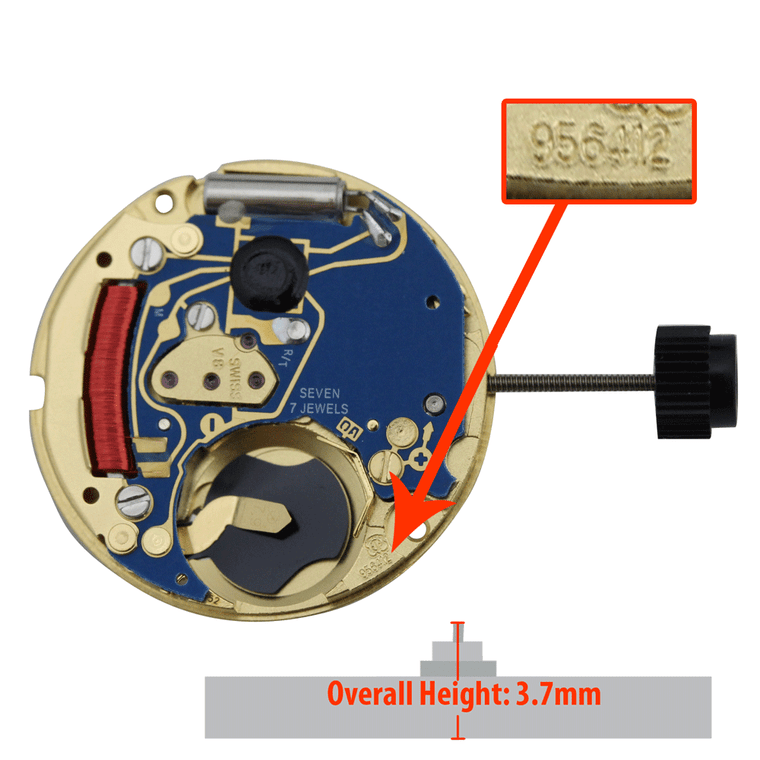 ETA 3 Hand Quartz Watch Movement 956.412.0 Date at 3:00 Low Hand Height Overall Height 3.7mm