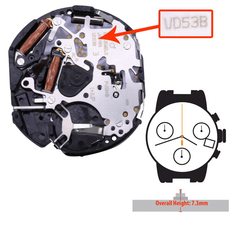 Hattori Japan 6 Hand Chrono Quartz Watch Movement VD53.2 Date at 4:30 Overall Height 7.3mm