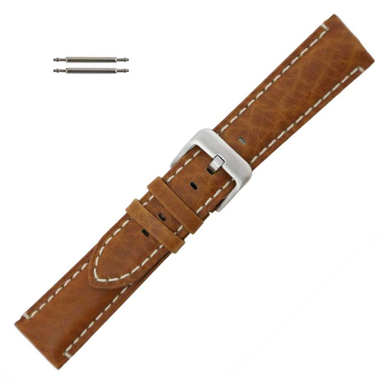 24MM Brown Camel Grain Leather Watch Band with White Stitching