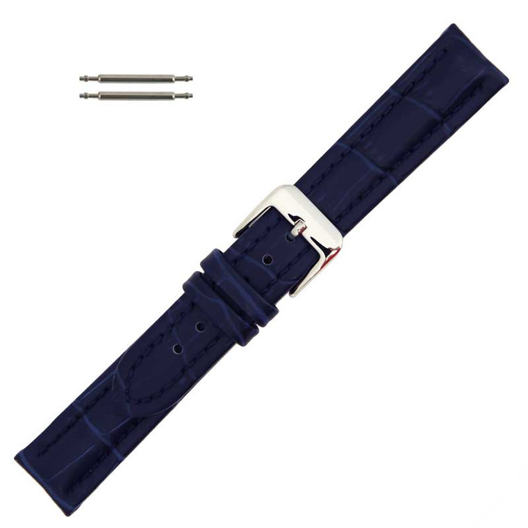 Navy Blue Leather Watch Band 18MM Long Padded Alligator Grain Stitched