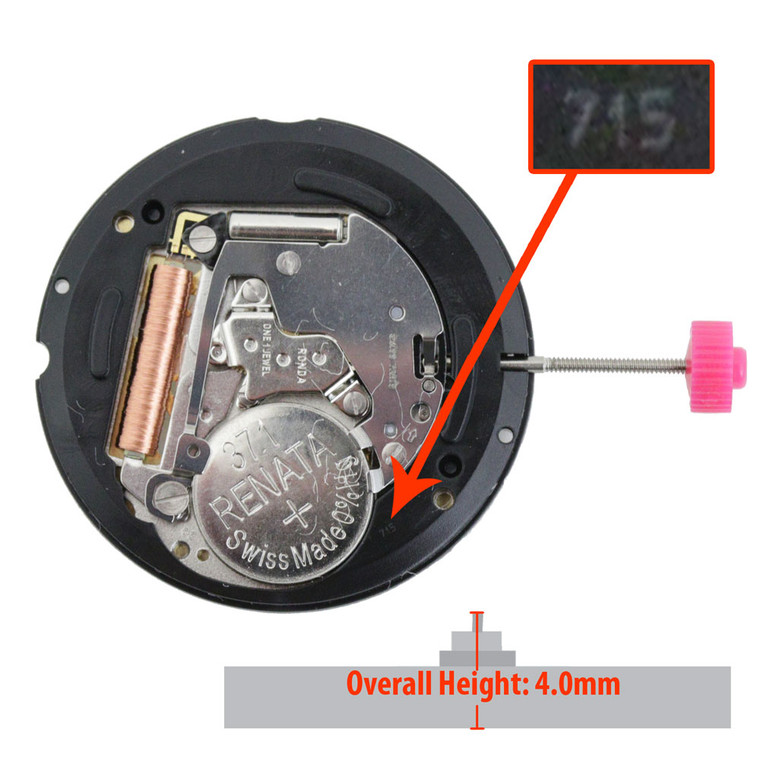 Harley Ronda 3 Hand Quartz Watch Movement HQ715B Black Date Dial at 3:00 Overall Height 4.0mm