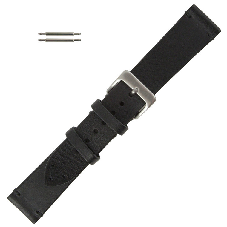 Black Leather Watch Band Vintage Stitched 20MM
