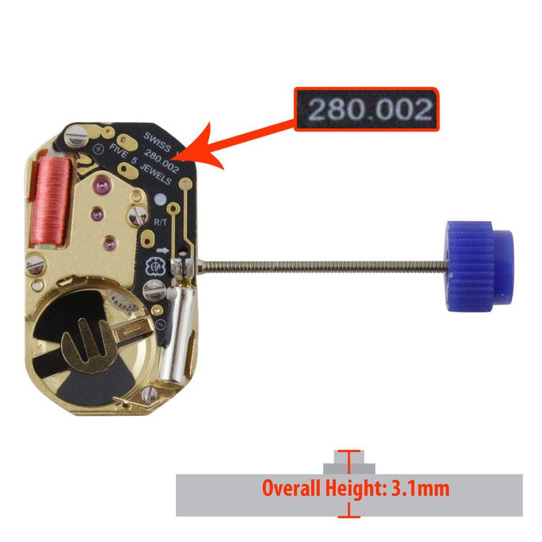 ETA 2 Hand Quartz Watch Movement 280.002.2 Overall Height 3.1mm