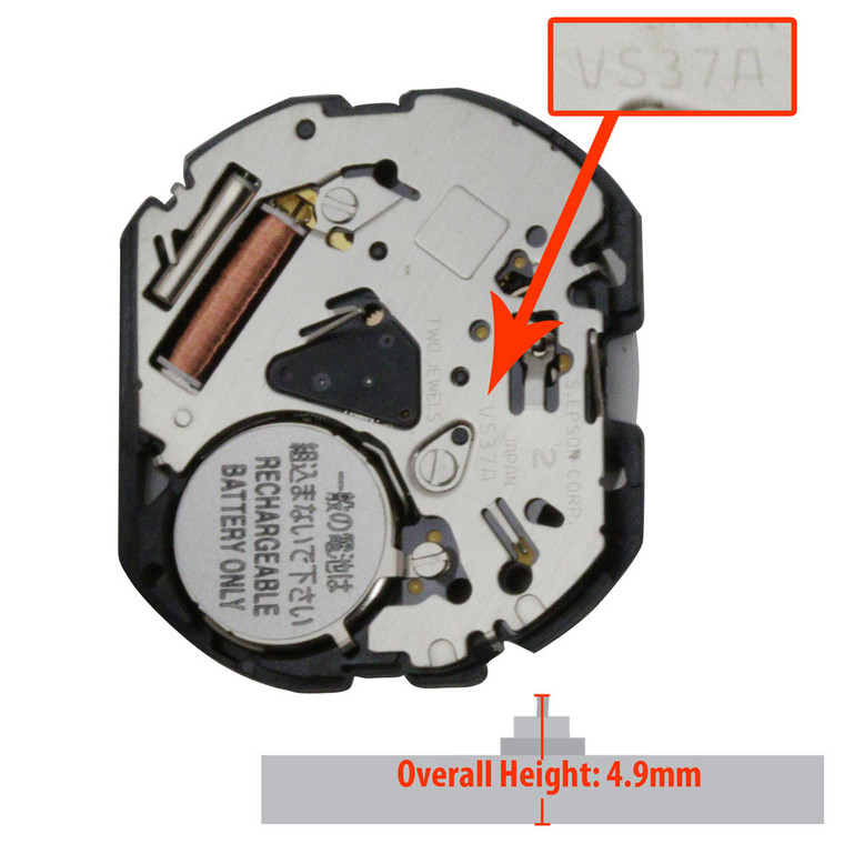 Epson Japanese Solar 3 Hand Quartz Watch Movement VS37 Date at 3:00 Overall Height 4.90mm