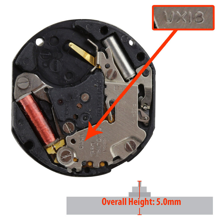 Hattori Japan 3 Hand Quartz Watch Movement VX18 Date at 6:00 Moonphase Overall Height 5.0mm