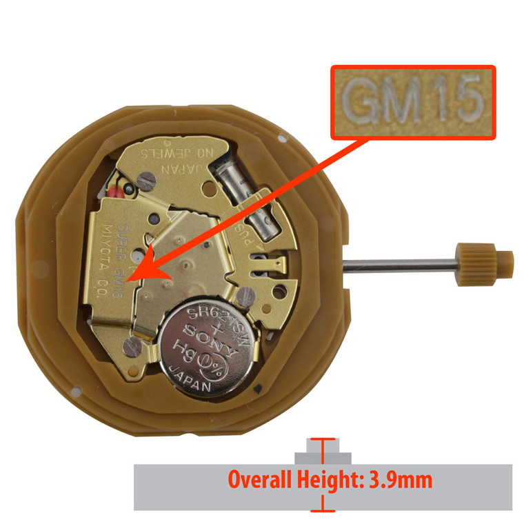 Miyota/Citizen LTD 2 Hand Quartz Watch Movement GM15 Date at 3:00 Overall Height 3.9mm