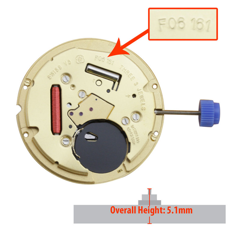 ETA 3 Hand Quartz Watch Movement F06.161-6 Big Date at 6:00 Overall Height 5.1mm