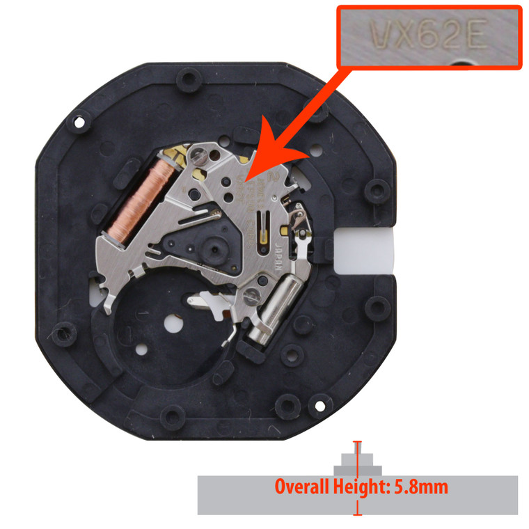 Hattori Japan 3 Hand Quartz Watch Movement VX62 Date At 3:00 Overall Height 5.8mm