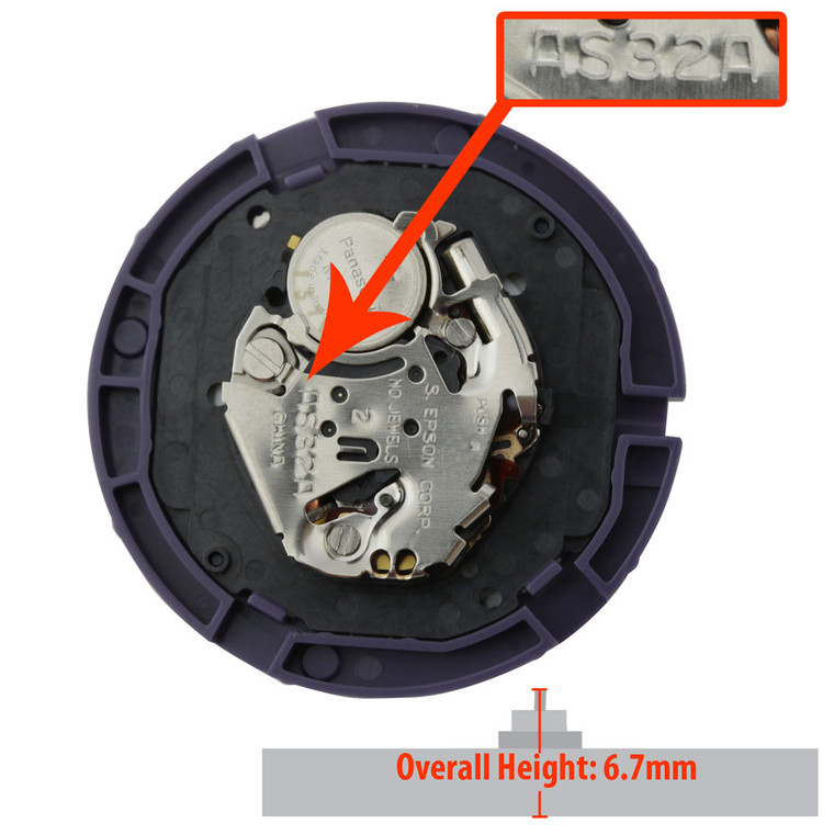 Epson Japan 3 Hand Quartz Solar Watch Movement AS32 Date at 3:00 Overall Height 6.7mm