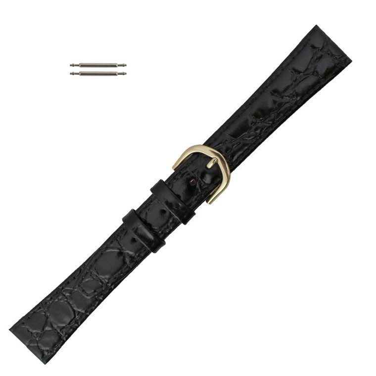 Black Leather Watch Strap 12mm Stitched Flat Croco Grain 6 13/16 Inch Length