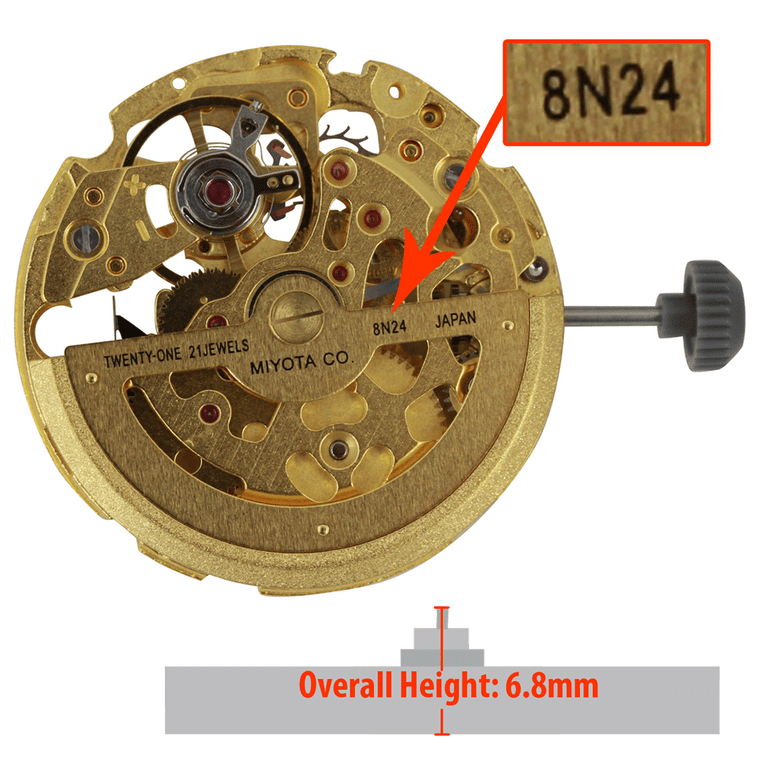 Miyota/Citizen LTD 3 Hand Automatic Mechanical Skeleton Watch Movement 8N24 Gold Plates Overall Height 6.8mm