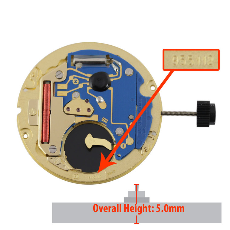 ETA 3 Hand Quartz Watch Movement 955.112.5 With Extra High Canon Pinion Overall Height 5.0mm