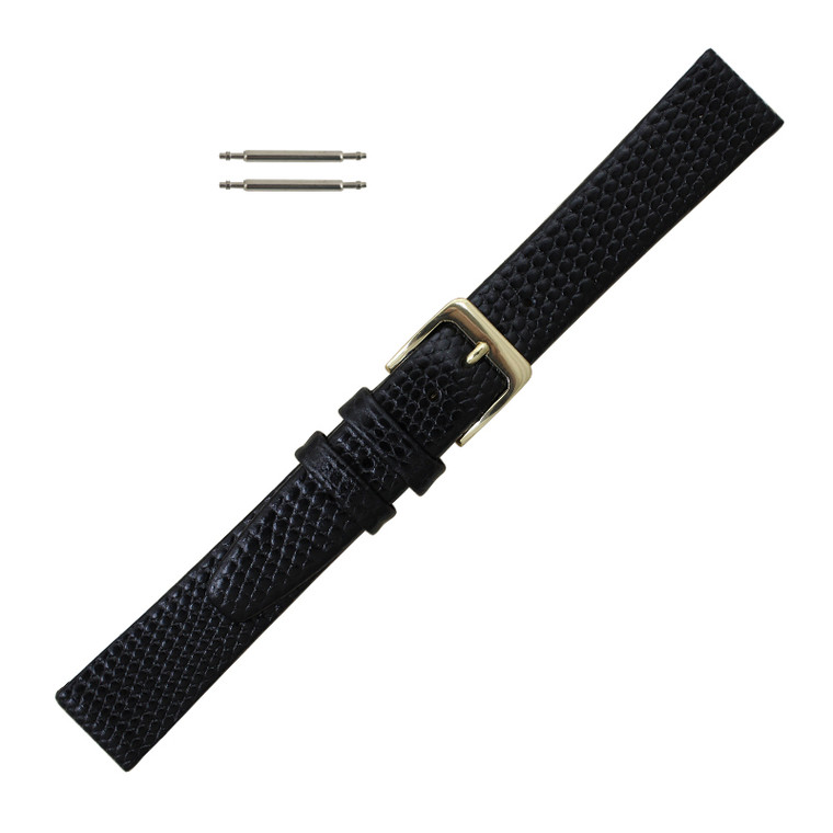 16mm Watch Band Black Long Leather Lizard Grain 8 1/4 Inch Length