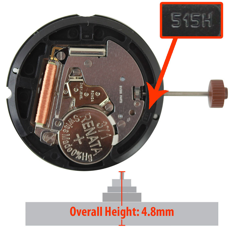 Harley Ronda Quartz Watch Movement HQ515.24H-6B 24 Hour Black Date Dial at 6:00 Overall Height 4.8mm