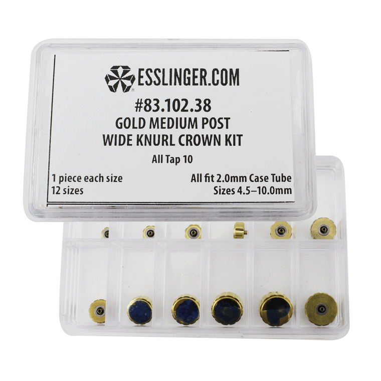 Waterproof Medium Post Wide Knurl Quartz Watch Crown Assortment Gold To Fit 2.0mm Case Tubes
