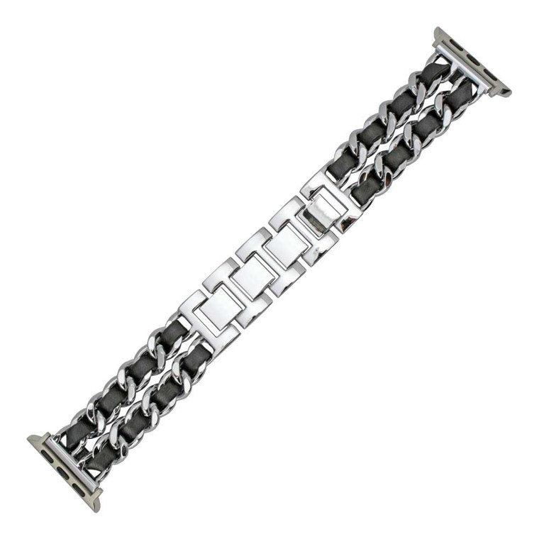 Silver Tone Stainless Steel with Leather Weave Watch Band Made to Fit 42mm Apple® Watch