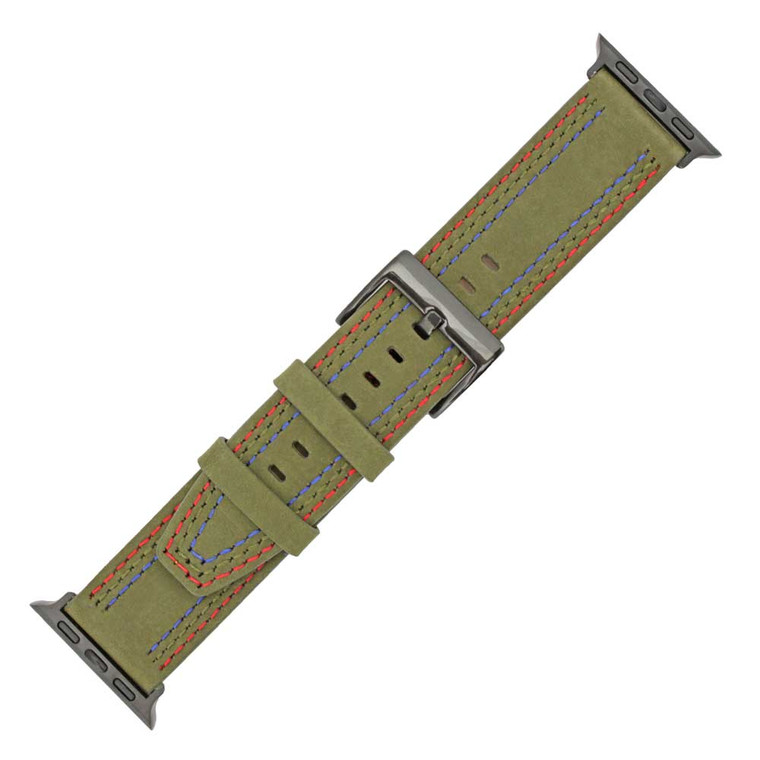 Olive Green Triple Stitched Leather Watch Band Made to Fit 42mm Apple® Smart Watch