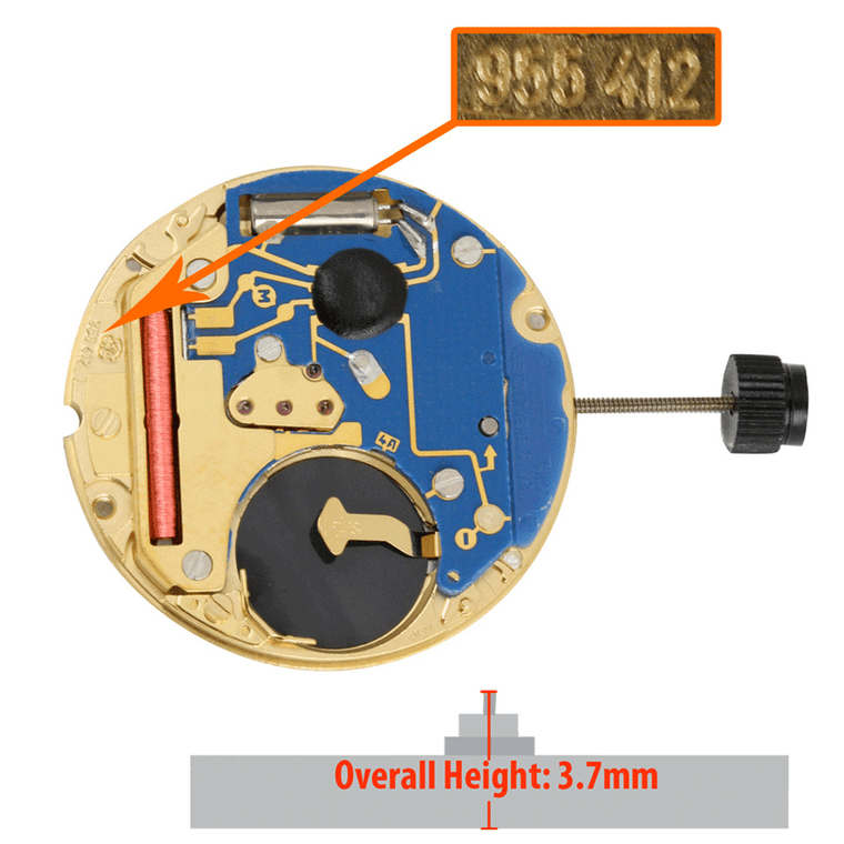 ETA® 3 Hand Quartz Watch Movement 955.412.0-6I Date at 6:00 Inside Low Canon Pinion Overall Height 3.7mm