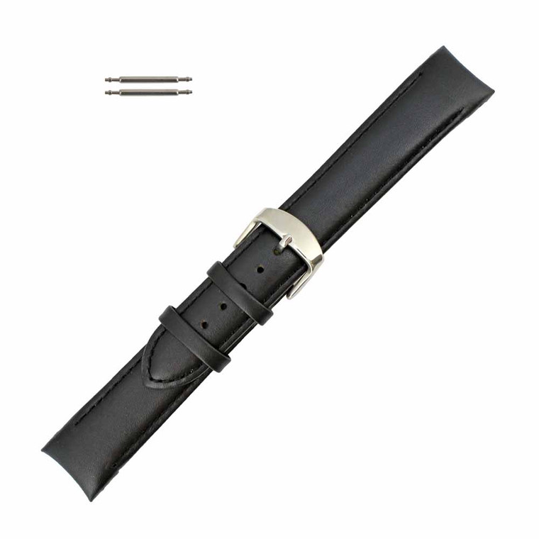 Leather Watch Band 18mm Curved Black Classic Calf 7 3/8 Inch Length