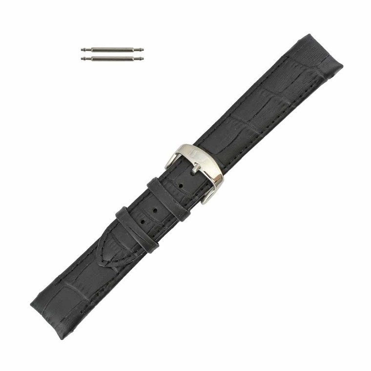 Black Leather Watch Band 18mm Curved Alligator Grain 7 3/8 Inch Length