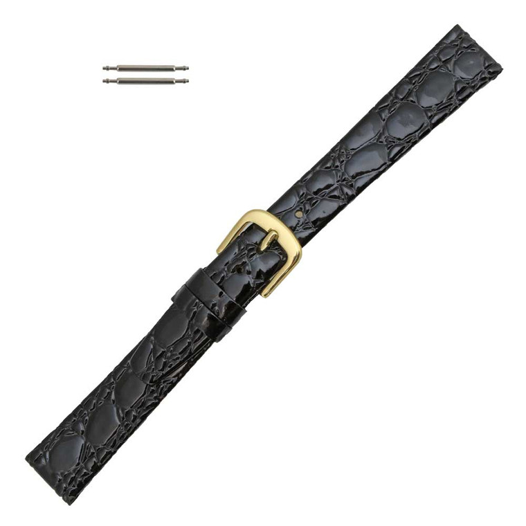 Black Leather Watch Strap 14mm Shiny Flat Croco Grain 6 3/4 Inch Length