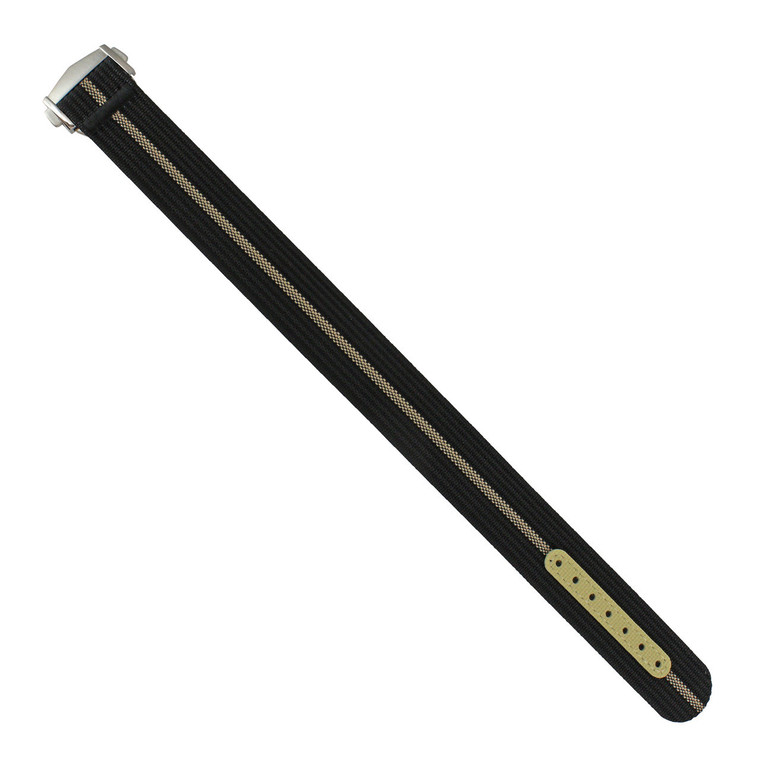 Black and Cream Stripped Ribbed Nylon Watch Band with Deployant Clasp 22mm Strap 9 14/16 Inch Length