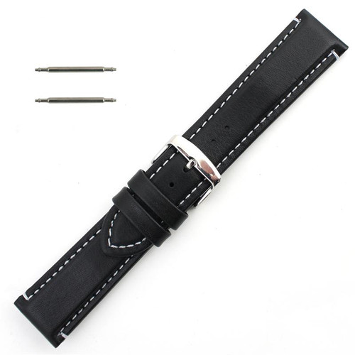 20mm Waterproof Leather Watch Band Black 7 7/16 Inch Length