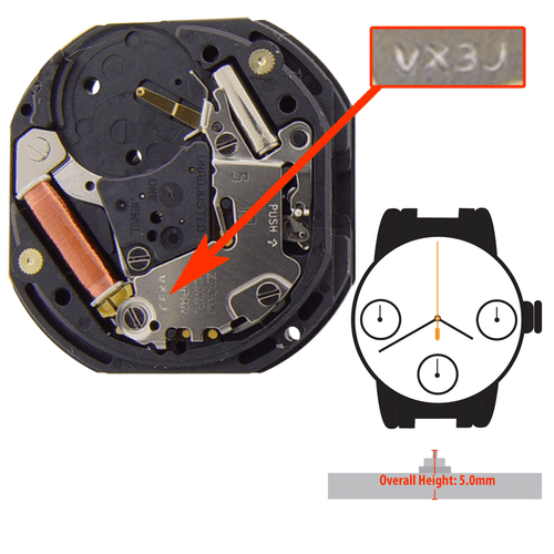 Hattori Japan Chrono 6 Hand Watch Movement VX3J Overall Height 5.0mm