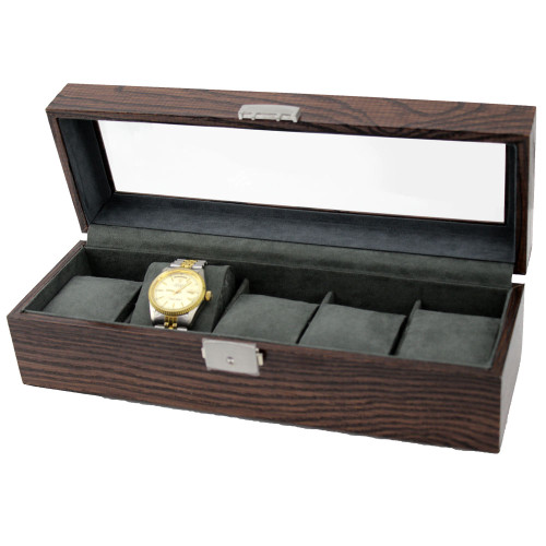 Glass Top Wood Watch Storage Case for 5 Watches