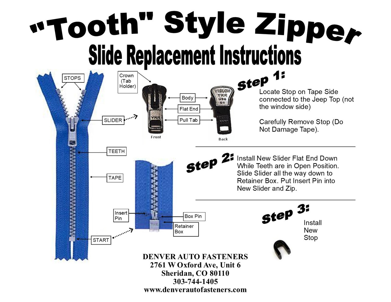 Zip/YKK #10 Tooth Single Pull Slide - Denver Auto Fasteners, LLC