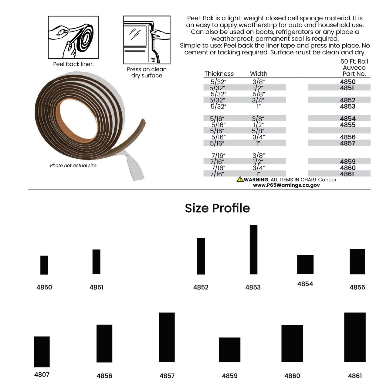 Peel-Bak Adhesive Neoprene Sponge Weatherstrip - Sold by the Foot or 50' Roll