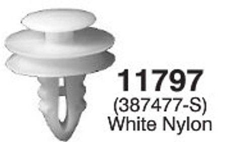 Interior Trim Panel
Ford 1977-On
Head Diameter: 3/4"
Stem Length: 9/16
Fits 9/32" Hole 
OEM# 387477-S
White Nylon
50 Per Box
Click Next Image For Clip Details