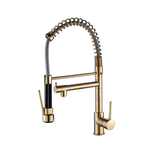 Double Handles Deck Mount Spring Pull Out Sprayer Kitchen Faucet with Clean Water Outlet in Brushed Gold Double Handles Deck Mount Spring Pull Out Sprayer Kitchen Faucet with Clean Water Outlet in Brushed Gold