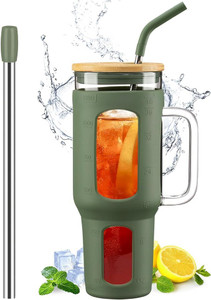 Glass Tumbler With Lid And Straw, 46 Oz Iced Coffee Cup With Handle, Glass Water Bottles With Silicone Sleeve, Glass Cup With Straws